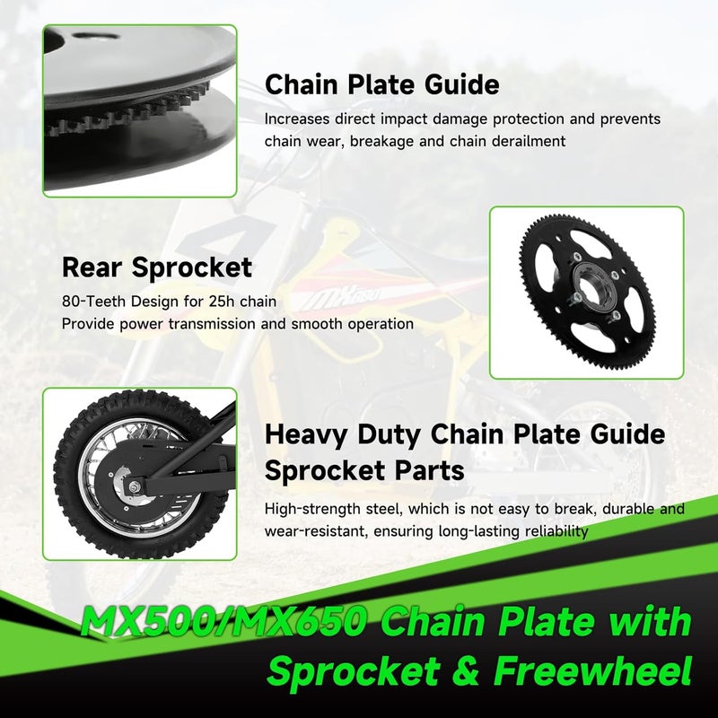 XIKOBY Rear Sprocket Freewheel Chain Plate Guide Assembly Compatible with Razor MX650 MX500 SX500 RSF650 Dirt Bike Electric Rocket Motocross Motorcycle Parts with 25H 132 Link Drive Chain Tensioner - Image 4